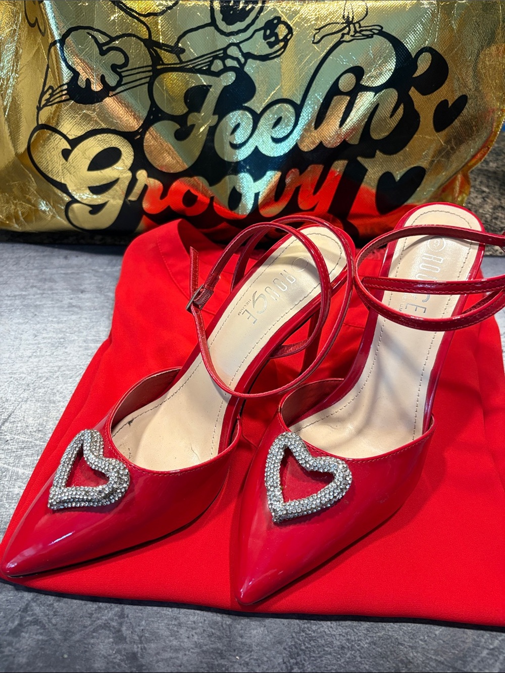 Rouge Helium Red Patent Pointed Toe Slingbacks with Rhinestone Heart